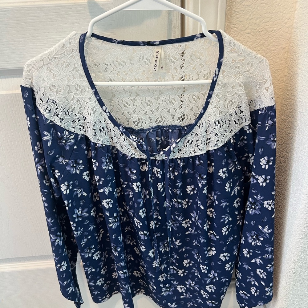 Roper Navy Floral Lace Blouse